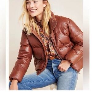 Anthropologie Chestnut Faux Leather Cropped Puffer Jacket Medium Petite